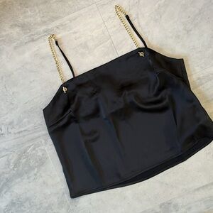 Forever 21   Tank top/front chain strap detail  black satin fabric/goldtone Sz M